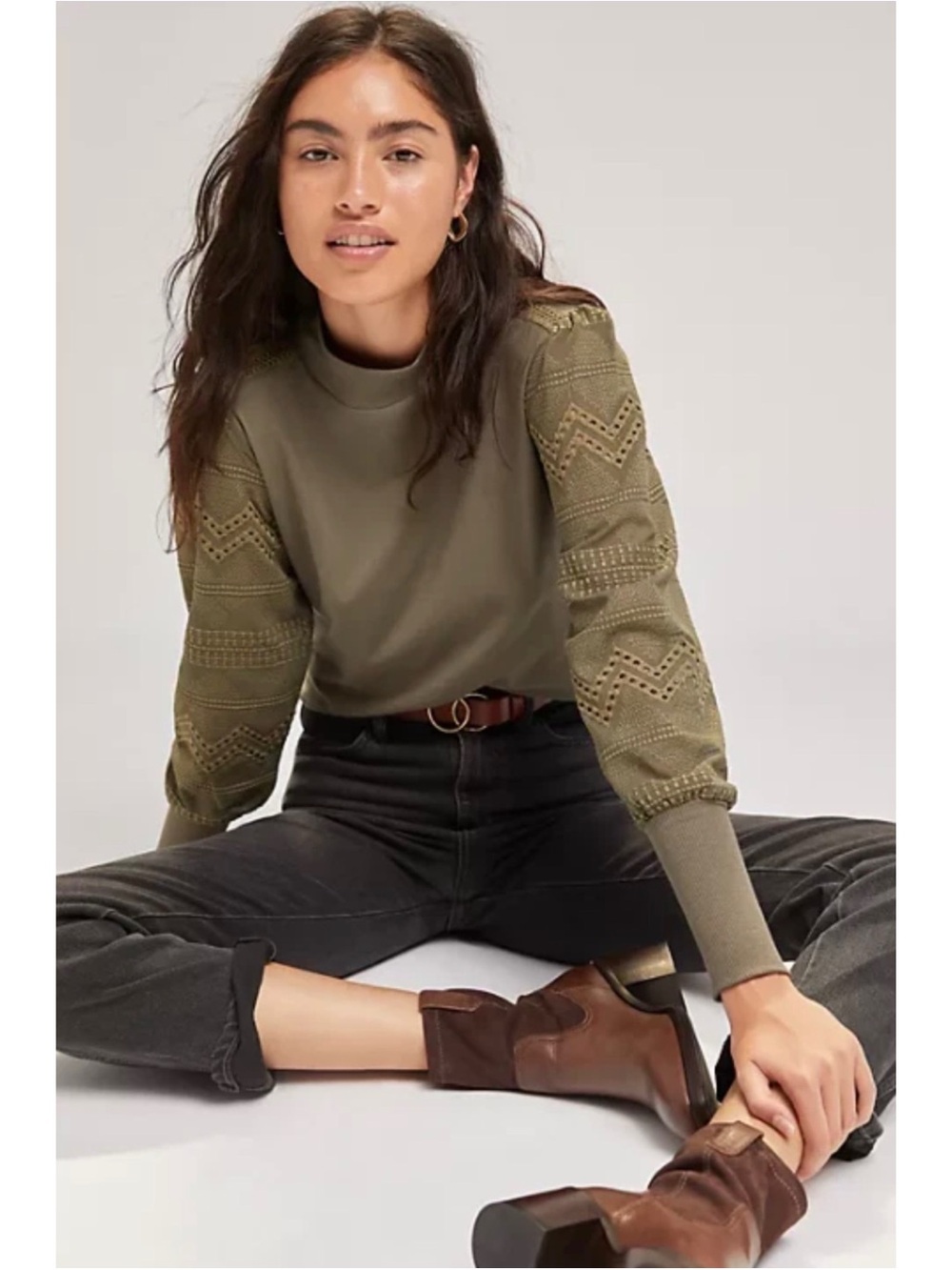 ANTHROPOLOGIE TINY Helen Lace Mock Neck Top in Moss Green Size XS